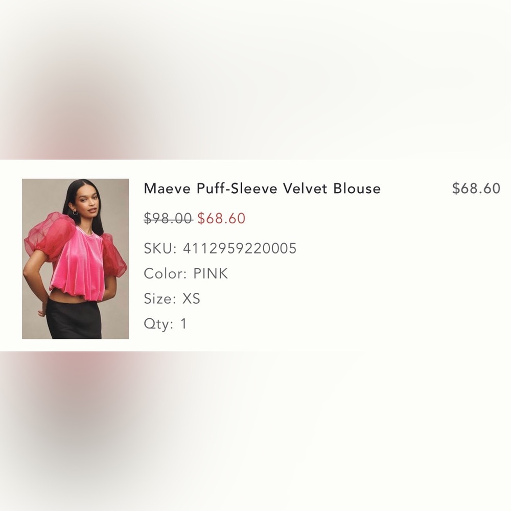 Anthropologie Top NWOT Sz S hot pink Puff Sleeve Velvet Crop Top